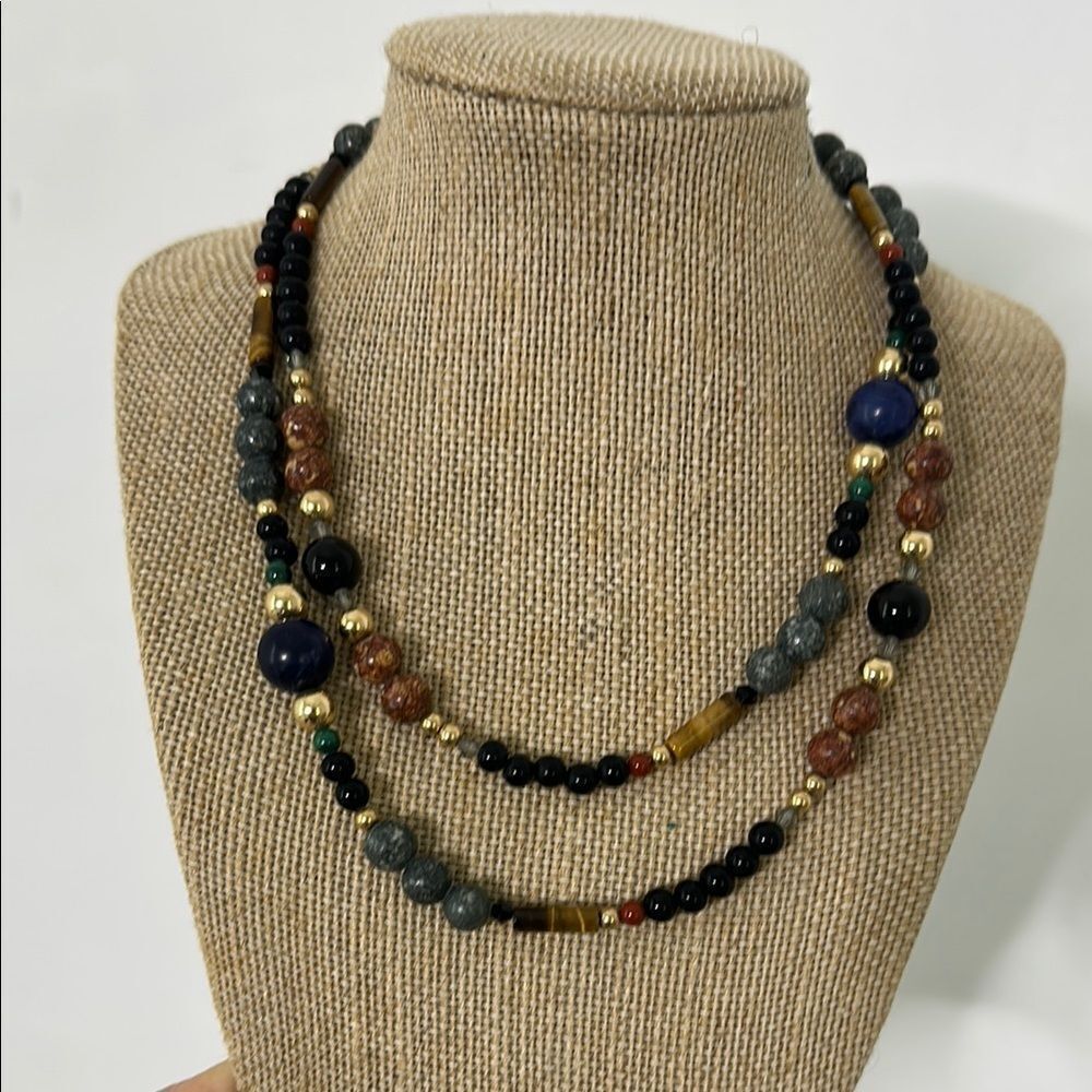 Vintage Mix Real Stone Beaded Necklace 32”